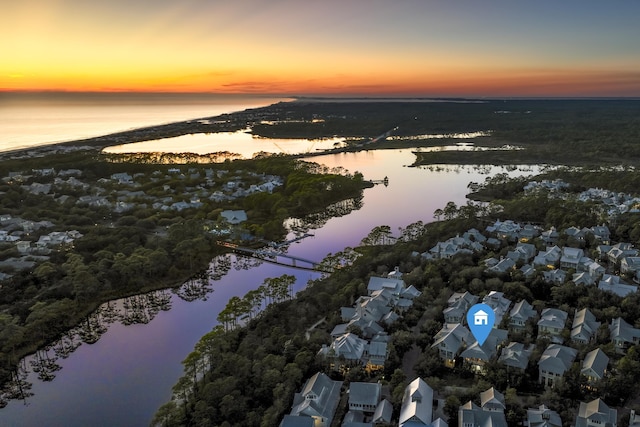 aerial view featuring a residential view and a water view