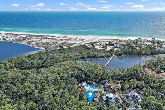 aerial view featuring a view of the beach and a water view