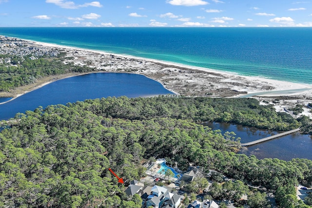 bird's eye view featuring a water view and a view of the beach