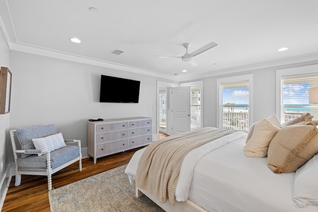 bedroom featuring ornamental molding, dark wood-type flooring, visible vents, and recessed lighting