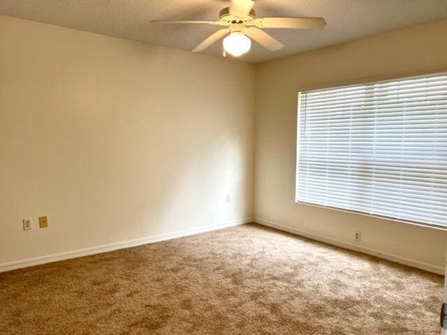 carpeted spare room with plenty of natural light, baseboards, and a ceiling fan