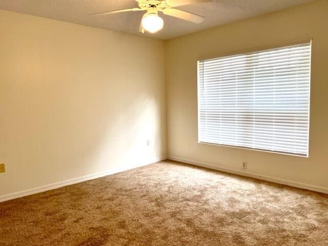 carpeted empty room with ceiling fan, a wealth of natural light, and baseboards