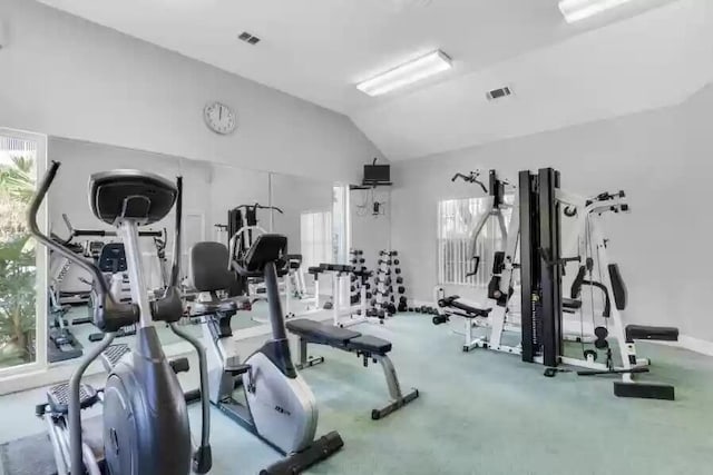 exercise room featuring lofted ceiling and visible vents