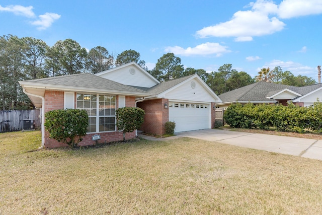 ranch-style house featuring brick siding, concrete driveway, an attached garage, central AC, and a front lawn