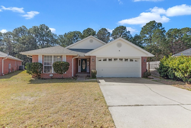 ranch-style home with brick siding, concrete driveway, an attached garage, central air condition unit, and a front yard