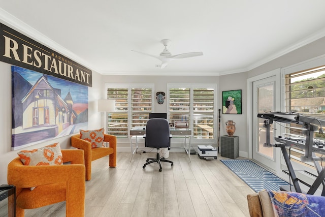 office area with ornamental molding, light wood-type flooring, and ceiling fan