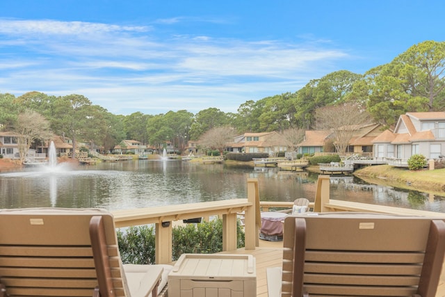 view of dock with a water view and a residential view