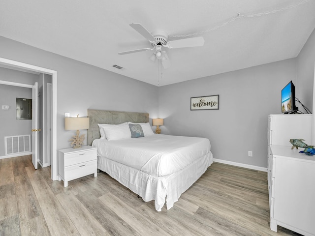 bedroom with light wood-type flooring, electric panel, visible vents, and baseboards