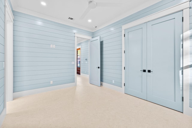 unfurnished bedroom with a ceiling fan, recessed lighting, a closet, and visible vents