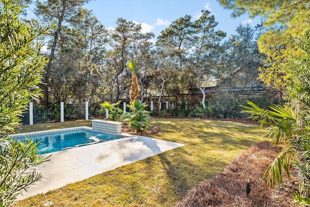 view of pool featuring a fenced backyard, a lawn, a fenced in pool, and a patio