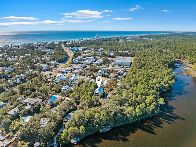 drone / aerial view with a water view