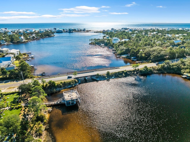 bird's eye view with a water view