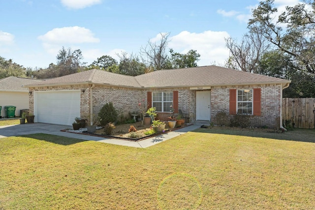 ranch-style home with a garage, driveway, a front lawn, and brick siding