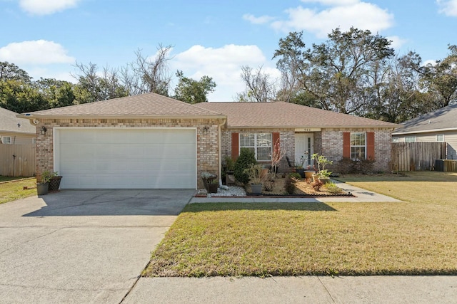 single story home featuring a front lawn, concrete driveway, fence, and an attached garage