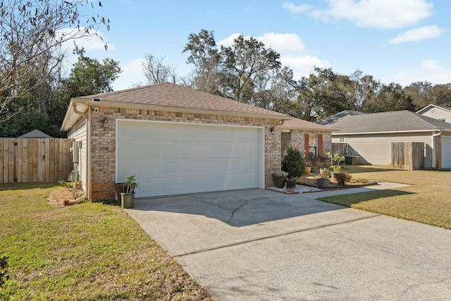 single story home featuring an attached garage, driveway, a front yard, and brick siding