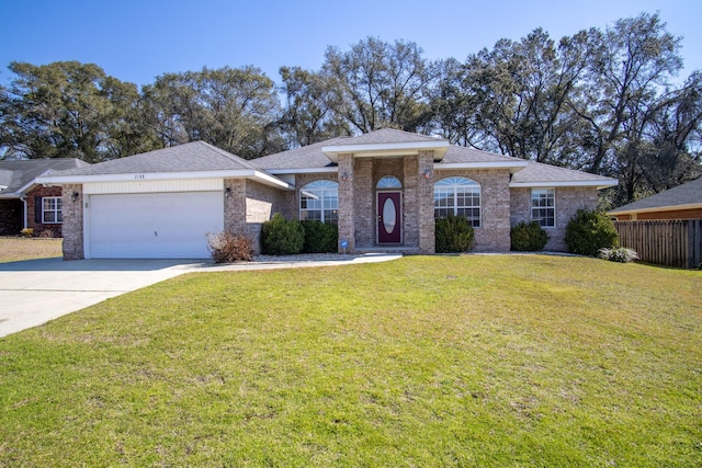 single story home featuring a garage, brick siding, fence, concrete driveway, and a front yard