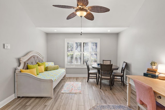 bedroom with recessed lighting, light wood-style flooring, baseboards, and ceiling fan