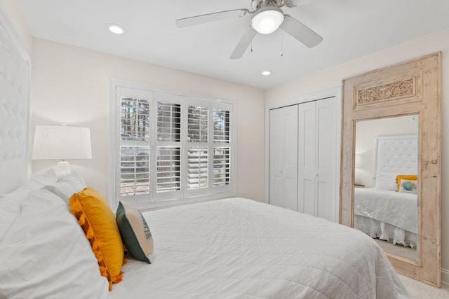 bedroom with recessed lighting, a closet, and ceiling fan