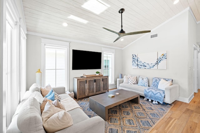 living room with crown molding, visible vents, wood ceiling, vaulted ceiling, and wood finished floors