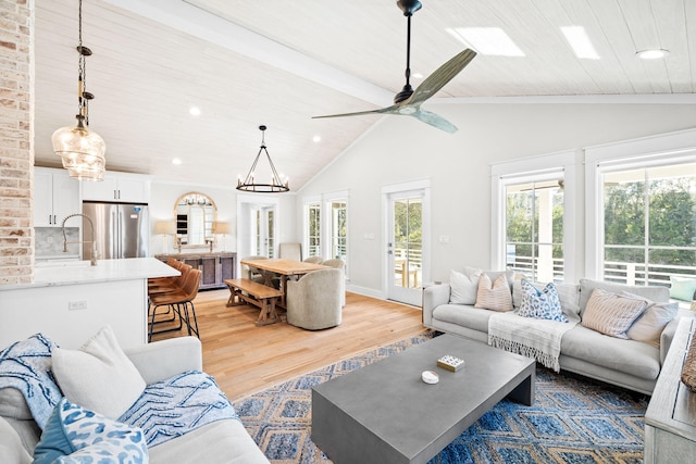 living area featuring lofted ceiling, light wood finished floors, wood ceiling, and recessed lighting