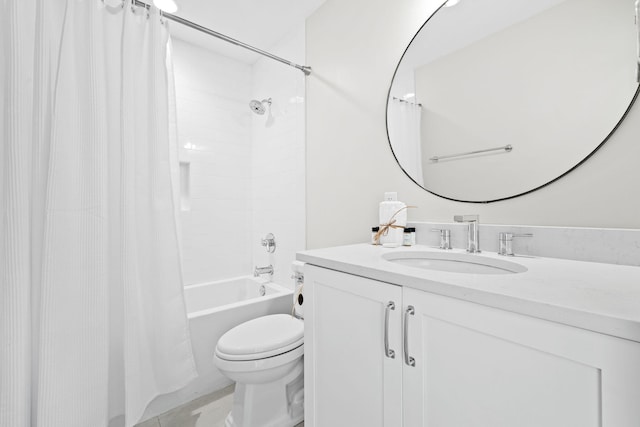 full bath featuring toilet, shower / bath combo, and vanity