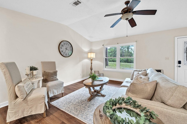 5241 Bob Sikes Rd, Defuniak Springs, FL 32435 - living area with vaulted ceiling, ceiling fan, dark wood finished floors, and baseboards