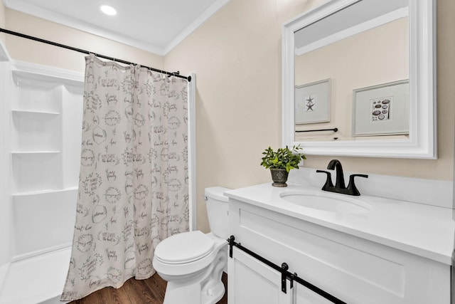 5241 Bob Sikes Rd, Defuniak Springs, FL 32435 - bathroom with vanity, toilet, wood finished floors, crown molding, and curtained shower