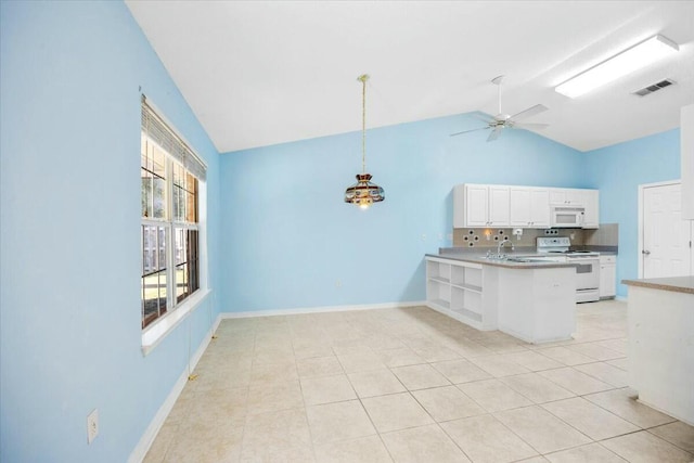 kitchen featuring decorative light fixtures, visible vents, white cabinets, ceiling fan, and white appliances