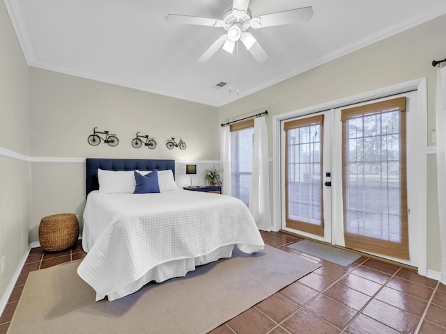 bedroom featuring a ceiling fan, visible vents, access to exterior, ornamental molding, and french doors