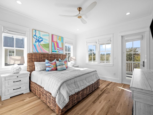 bedroom featuring recessed lighting, light wood finished floors, ornamental molding, and access to outside