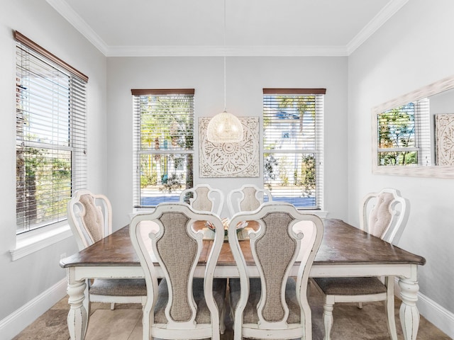 dining room featuring a healthy amount of sunlight, baseboards, and ornamental molding