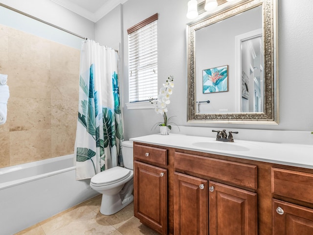 bathroom featuring shower / bathtub combination with curtain, toilet, vanity, tile patterned floors, and crown molding