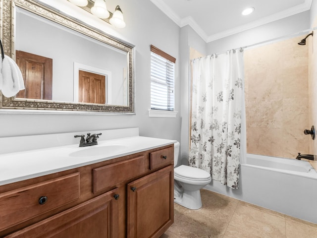 bathroom featuring toilet, tile patterned flooring, shower / bathtub combination with curtain, crown molding, and vanity