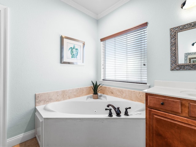 full bathroom featuring crown molding, vanity, and a bath