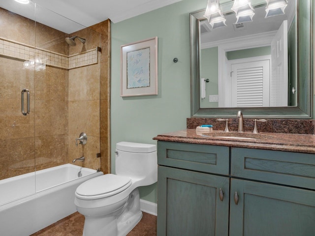 full bath with baseboards, toilet, enclosed tub / shower combo, ornamental molding, and vanity