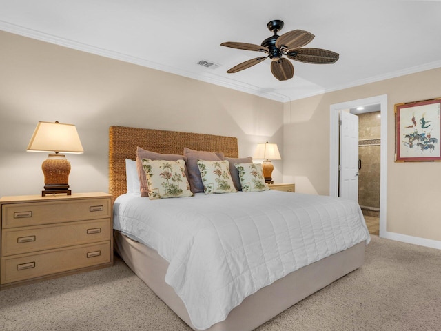 bedroom featuring visible vents, ensuite bathroom, ornamental molding, light carpet, and baseboards