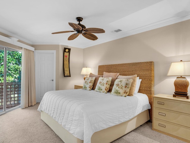 bedroom featuring light carpet, a ceiling fan, visible vents, access to exterior, and ornamental molding