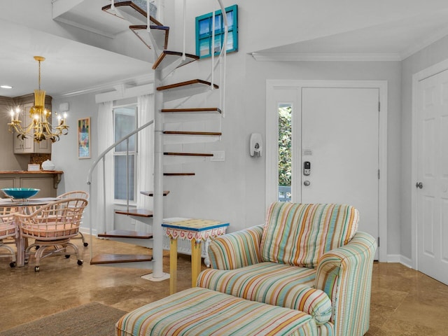 foyer entrance with ornamental molding, stairway, and baseboards