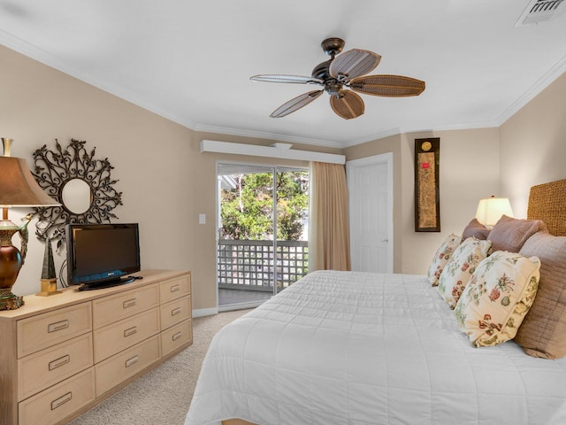 bedroom with light carpet, ornamental molding, visible vents, and access to exterior