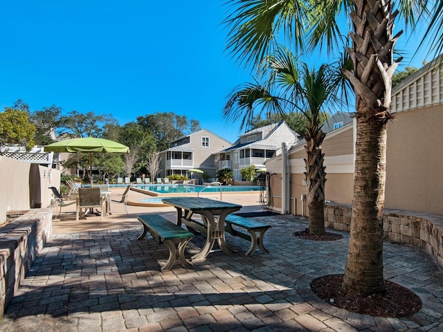 view of patio / terrace featuring a community pool and fence