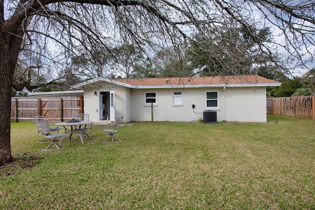 back of house featuring a fenced backyard, concrete block siding, and a yard