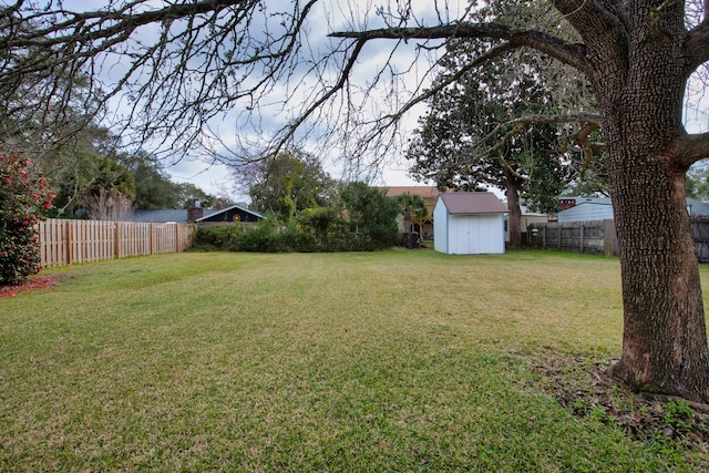 view of yard with a storage shed, an outdoor structure, and a fenced backyard