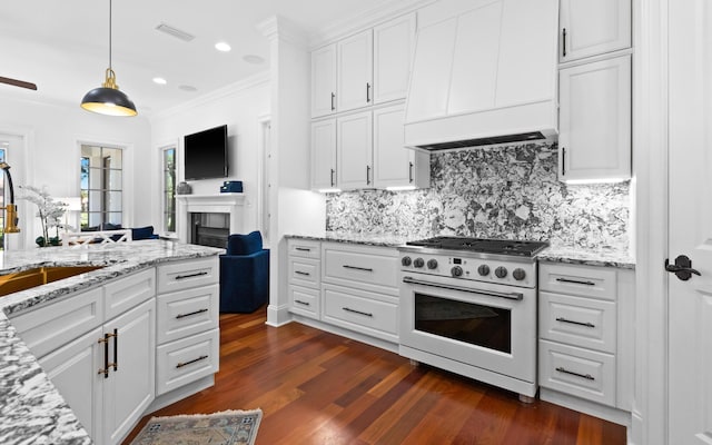 kitchen featuring visible vents, premium range hood, a sink, decorative backsplash, and white gas range