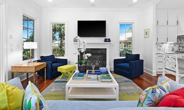 living room with a glass covered fireplace, crown molding, recessed lighting, and wood finished floors