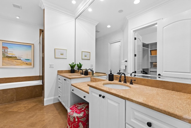 full bathroom featuring visible vents, a tub, ornamental molding, recessed lighting, and vanity