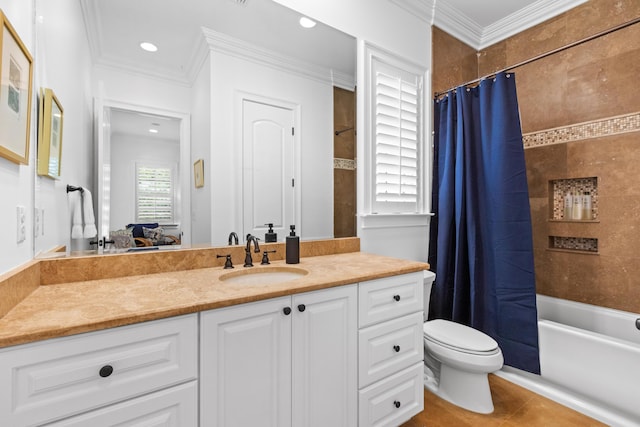 full bathroom featuring tile patterned flooring, toilet, shower / bath combo, ornamental molding, and vanity