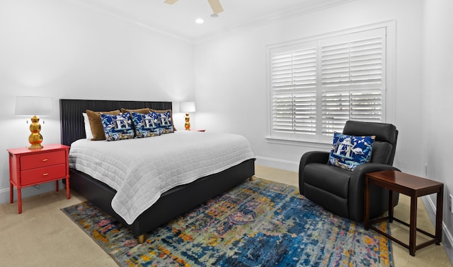 bedroom featuring baseboards, carpet floors, recessed lighting, ceiling fan, and ornamental molding