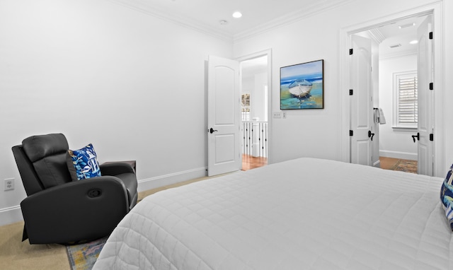 bedroom featuring recessed lighting, baseboards, and crown molding