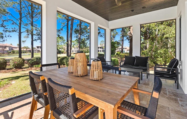 sunroom featuring wood ceiling