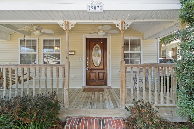 doorway to property with a ceiling fan